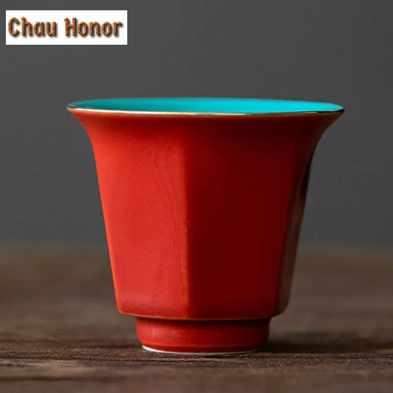 2pc/set Handmade Palace Red Glaze Ceramic Teacup Household Small Tea Tasting Cup Kung Fu Teaset Puer Master Cup Hexagon Cup 25ml