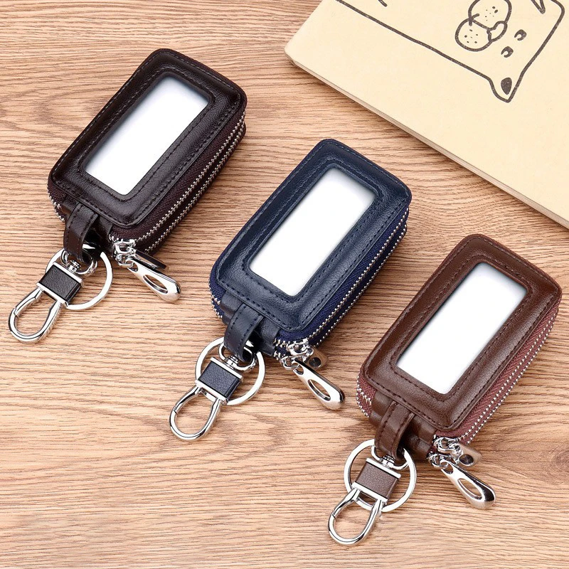 Car Key Storage Bag Men's Cowhide Double Zipper Women's Large Capacity