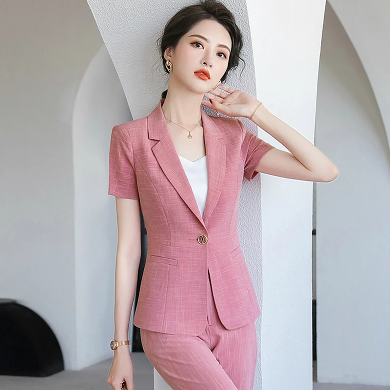 

Women 2020 Elegant Professional Wear Chic Pink Red Blazers Office Lady Fashion Casual Work Coat Cropped Pants Suits