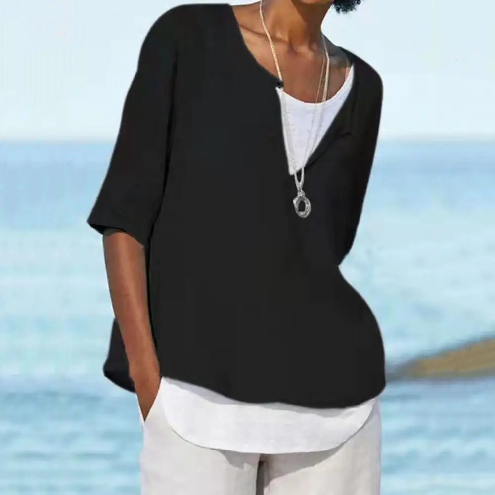 

Тонкая женская рубашка с V-образным вырезом и рукавом до локтя, дышащая однотонная Повседневная рубашка в стиле ретро, топ, уличная одежда