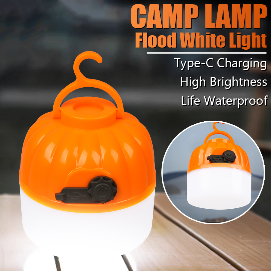 Mini LED Camping Pumpkin Light USB Rechargeable Lantern Protable Tent Light with Hook 4 Modes Outdoor Emergency Floodlight Torch