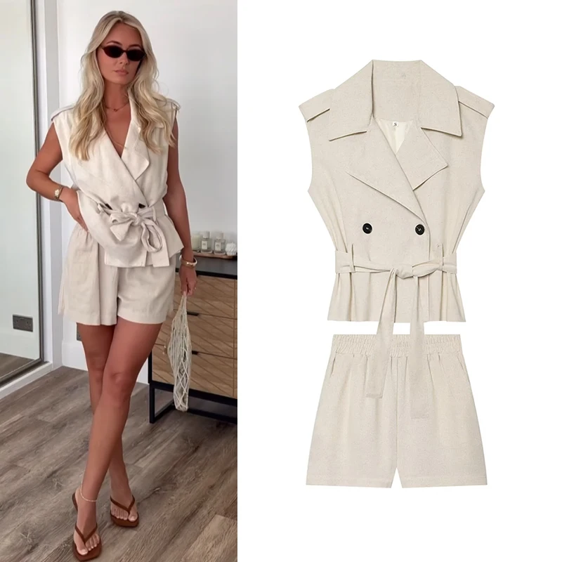Traje de Mujer 2026, Nuevo Conjunto de Verano de Moda, Mezcla de Lino, 2 Piezas, Top con Cinturón y Pantalones Cortos Casuales, Conjunto Chic Femenino