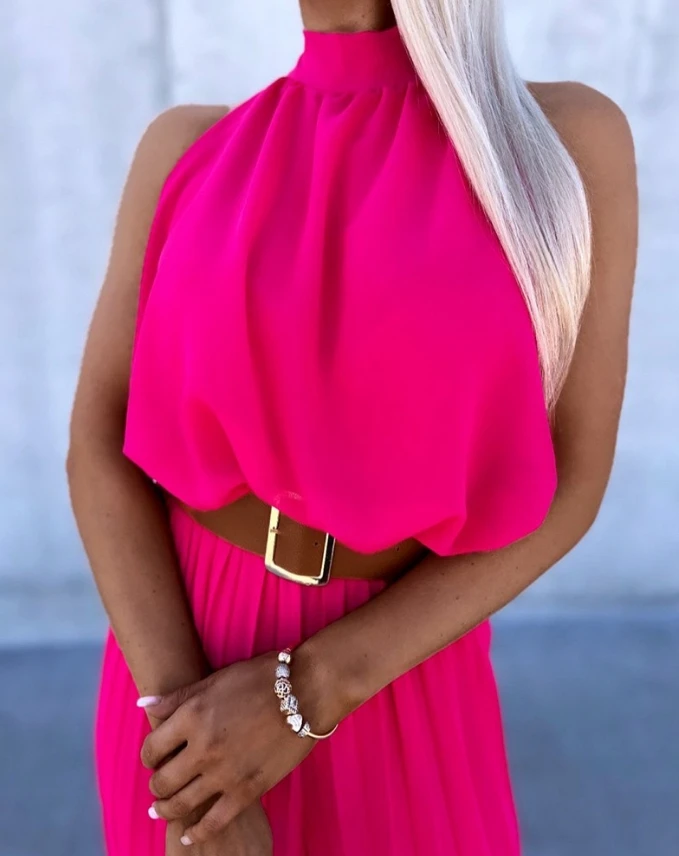 Women's Urban Style Jumpsuit 2024 Spring Summer Latest Casual Sleeveless Pleated Mock Neck Rocker Ruched Vacation Bodysuit