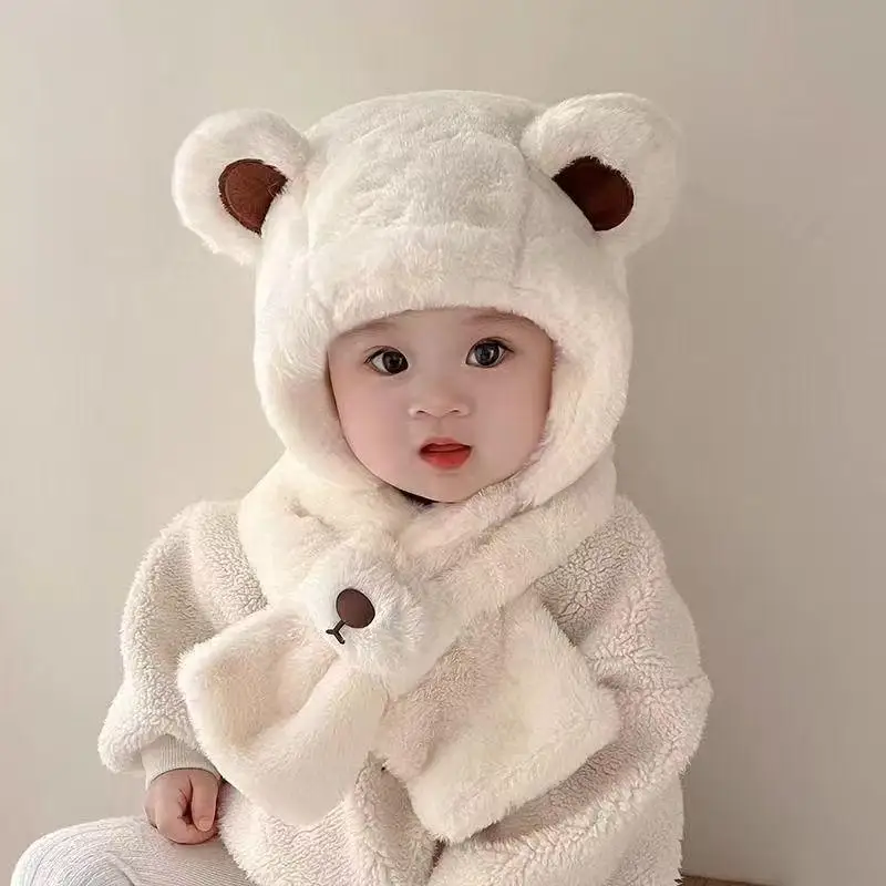 Thickened Bear Integrated Baby Hat Winter Children's Anti-wind Cap Plush Scarf Boys And Girls Winter Accessories One-piece
