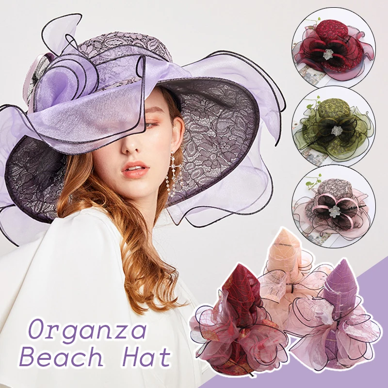 Bow Lady Hat Summer Organza Wide Brim Sunscreen Kentucky Derby Hats for Church Wedding Beach Sun Cap Foldable Fascinator Hat