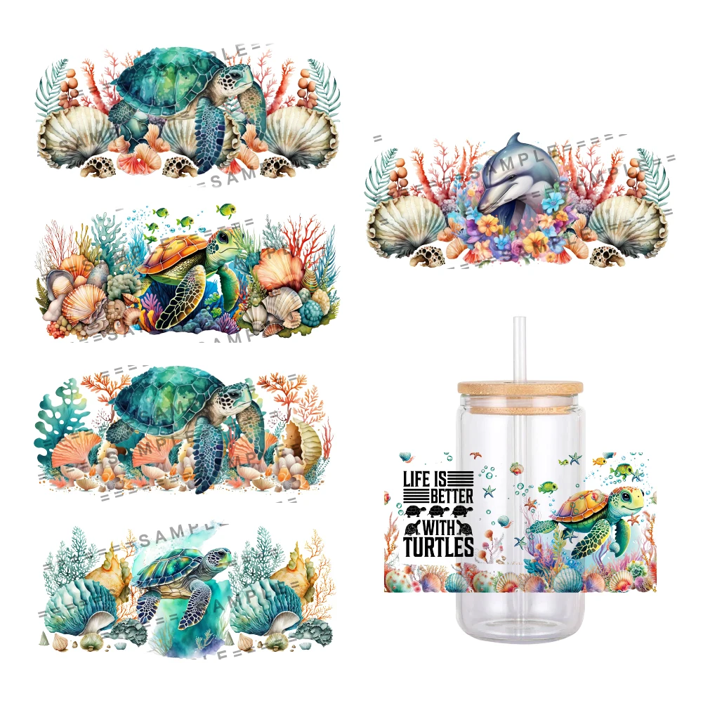 Ocean Marine Life Pattern UV DTF Transfer Sticker Waterproof Transfers Decals For 16oz Glass Cup Wrap Stickers