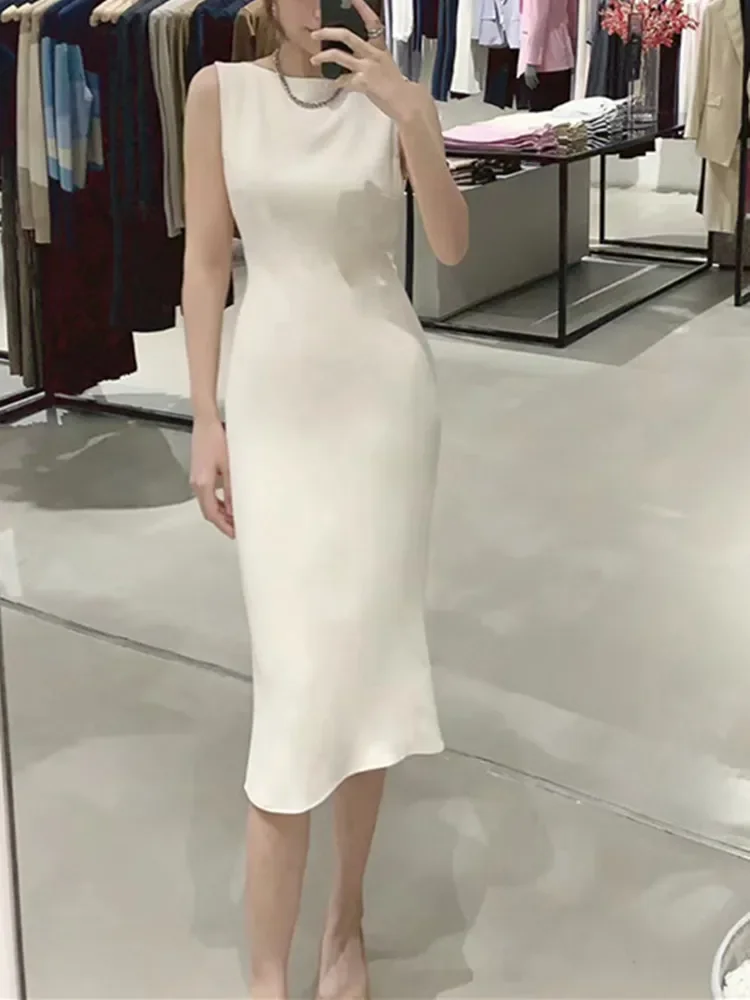 

Summer New Women Elegant Robes Solid O-Neck Zipper Sleeveless Midi Dress