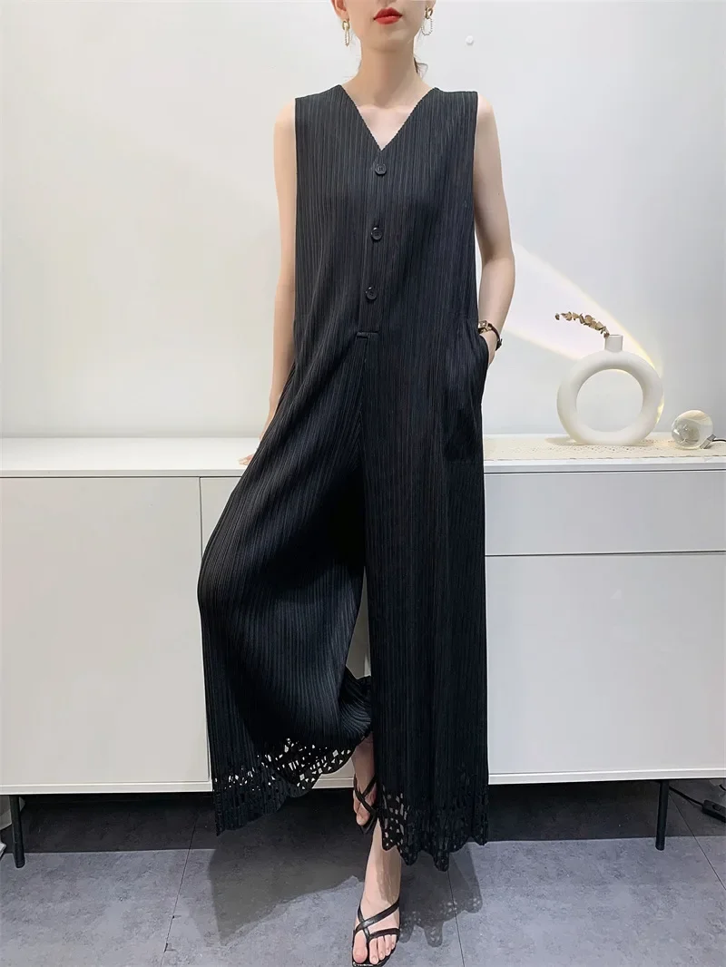 Miyake Pleated Pullover High-waist Jumpsuit Women's Loose Casual Button Straight Pants Leg Laser Styling 2023 Spring Summer New