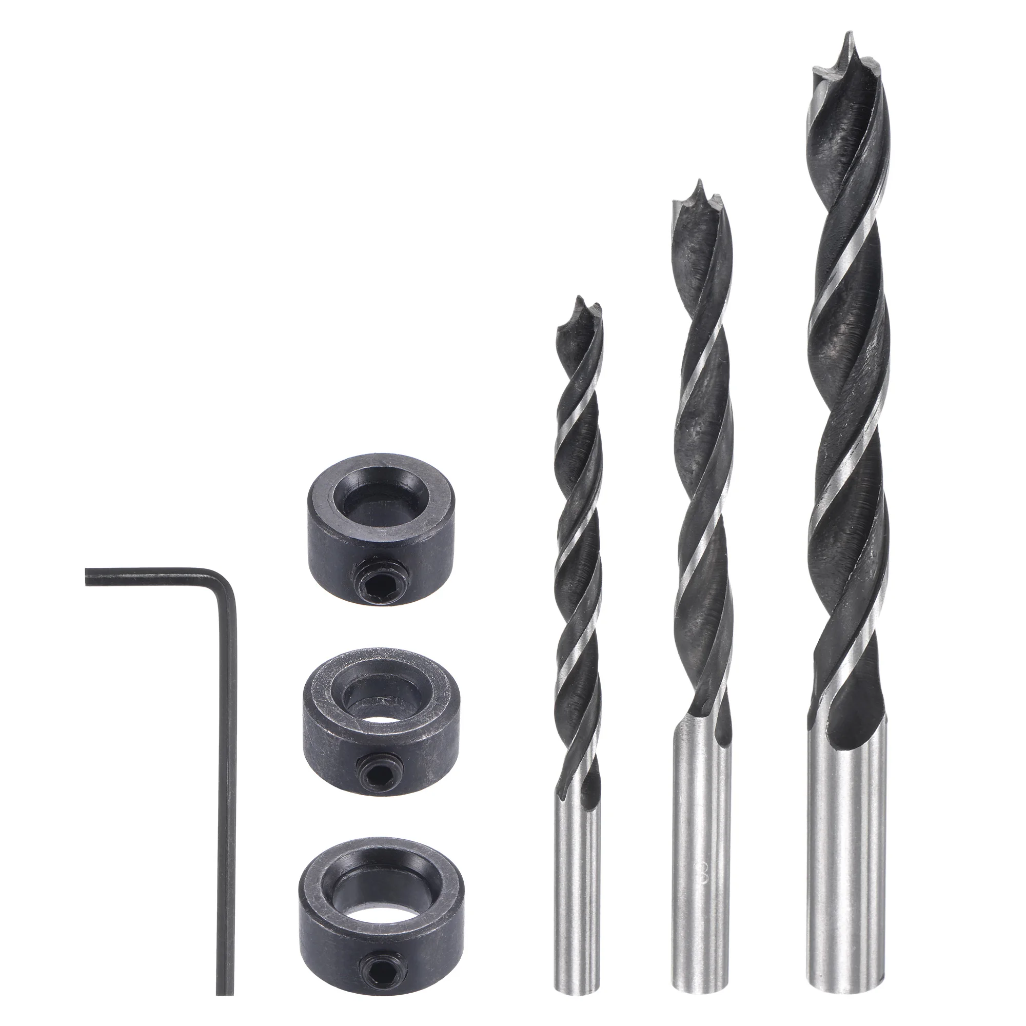 

Uxcell Wooden Drilling Tool Set, 6mm 8mm 10mm Wood Drill Bit, Drill Stop with Wrench, 7in1 Set