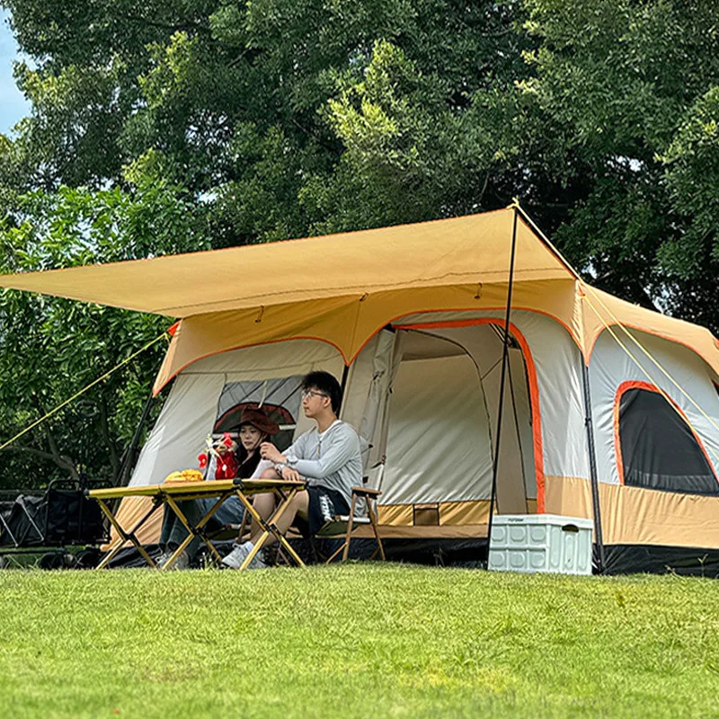 Two-bedroom, one-living-room portable large camping tent with rain