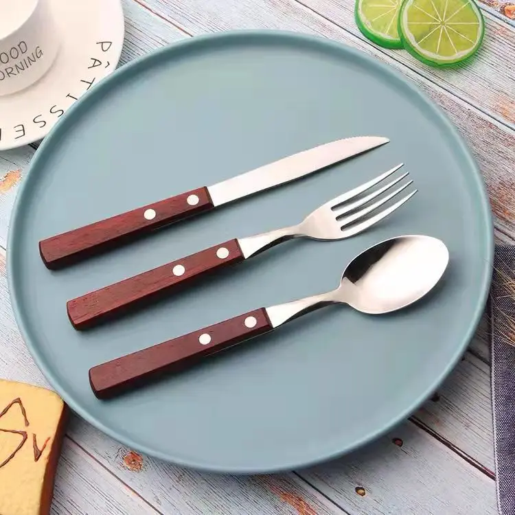 

Creative 304 Stainless Steel 3pcs Tableware Set Wooden Handle Spoon Steak Knife Fork Dessert Cutlery