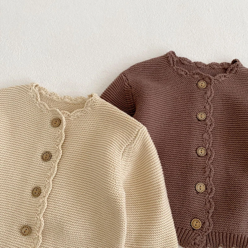 Spring new baby clothing, 0-3 year old boys and girls children's round neck handmade hooked edge clean color knitted sweater 5