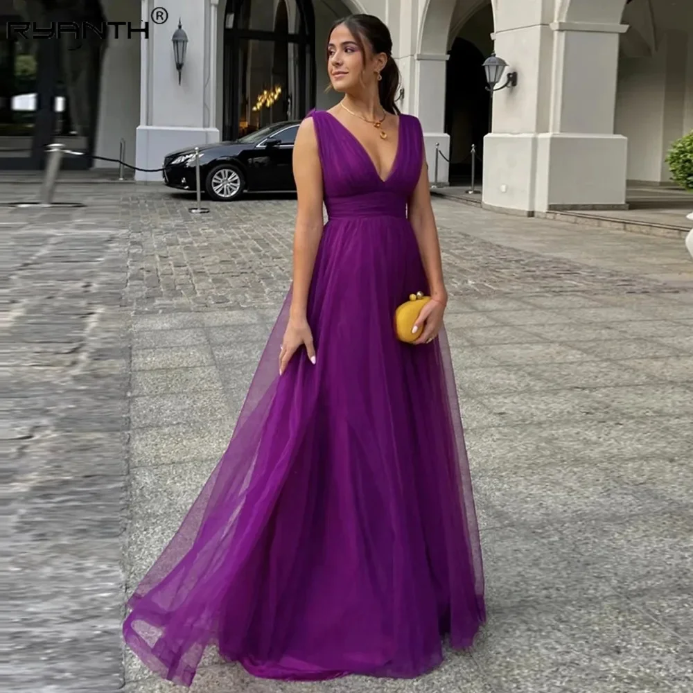 

Ryanth V-Neck Tulle Prom Dress A-Line Sleeveless Evening Dress Lace Up vestidos de noche vestidos para eventos especiales 2024