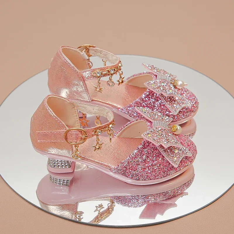 Girls High Heeled Leather Shoes High Heels for Wedding Party Glitter Rhinestone with Bow-knot Kids Dress Pendant Bling Sparkling - 2