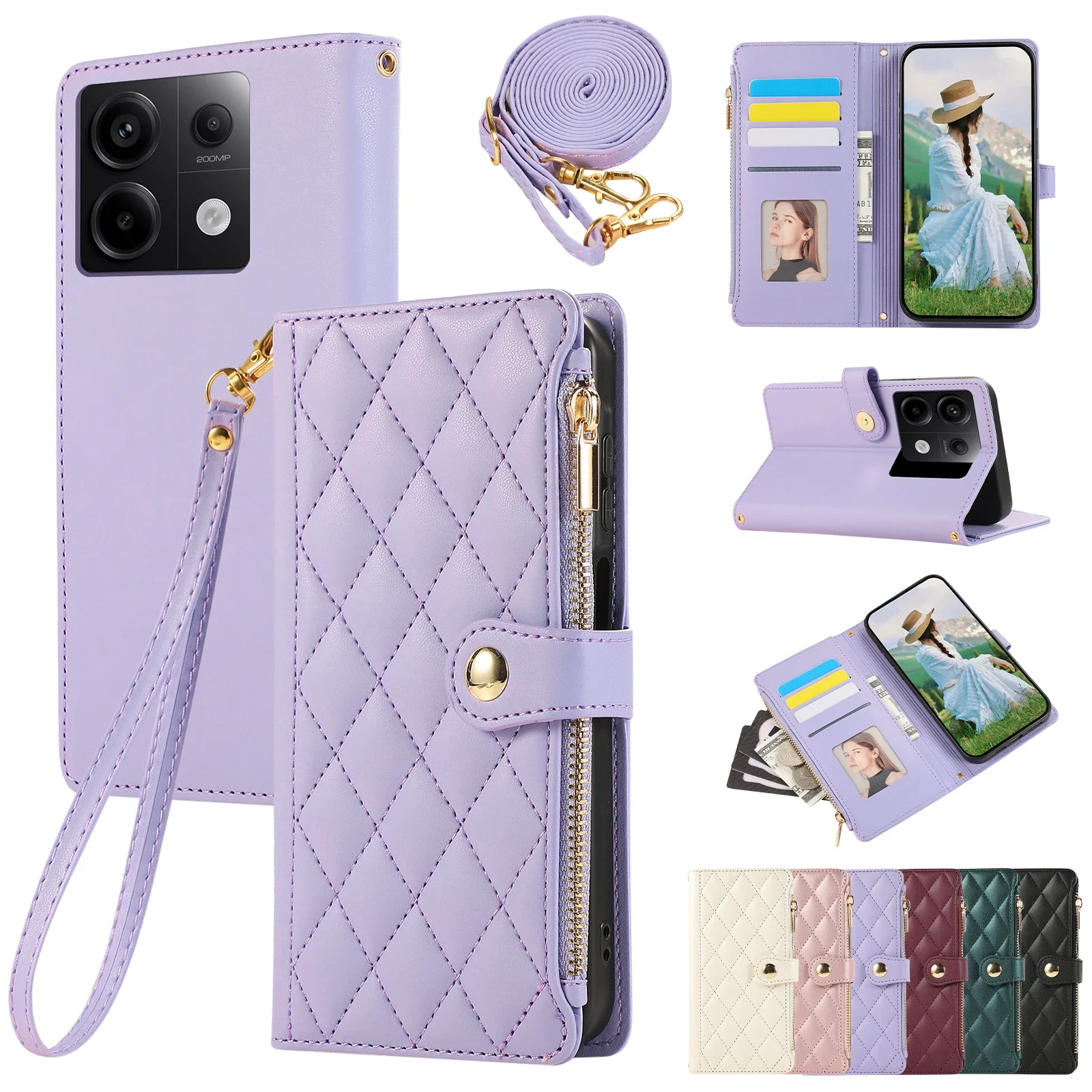 Elegant Crossbody Leather Wallet Case with Zipper and Lanyard - Diamond Design Cover