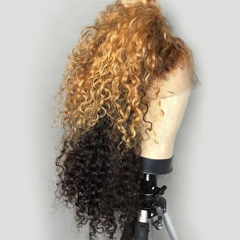 

26inch Long Ombre Blond Black 180Density Kinky Curly Lace Front Wig For Women With Baby Hair Preplucked Daily Wear Glueless Wigs