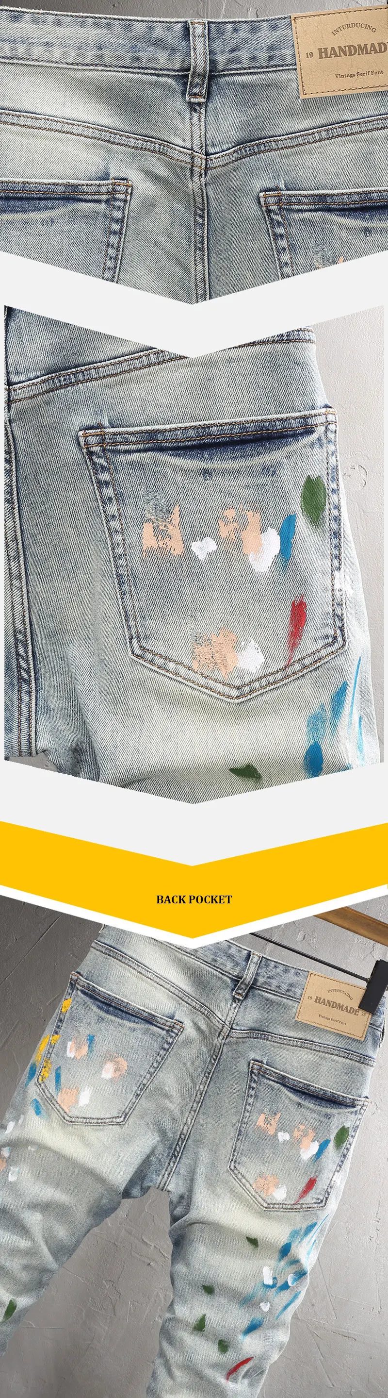 Close-up of back pockets, paint splatter, and belt loops detail on light blue Drayven Edgewave Slim Fit Jeans