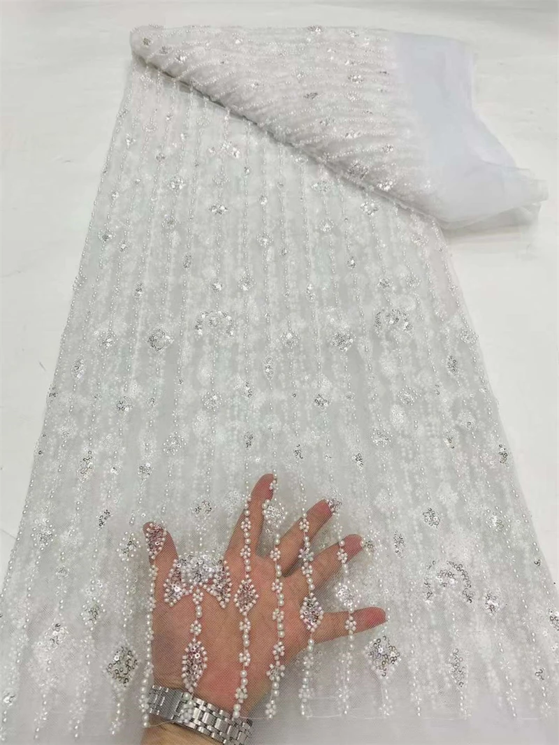 

High Quality Fashion African Sequins Tulle Embroidered Groom Lace Fabric Beaded Sequins Lace Fabric For Nigerian Wedding Dress