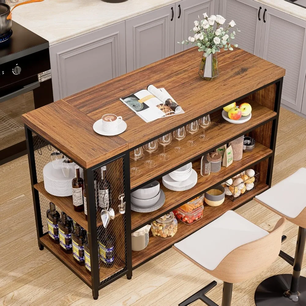 55” Kitchen Island with Seating and Storage 5-Tier Open Shelves,Coffee Bar Cabinet with Extra-Large Countertop,Spacious Leg Room