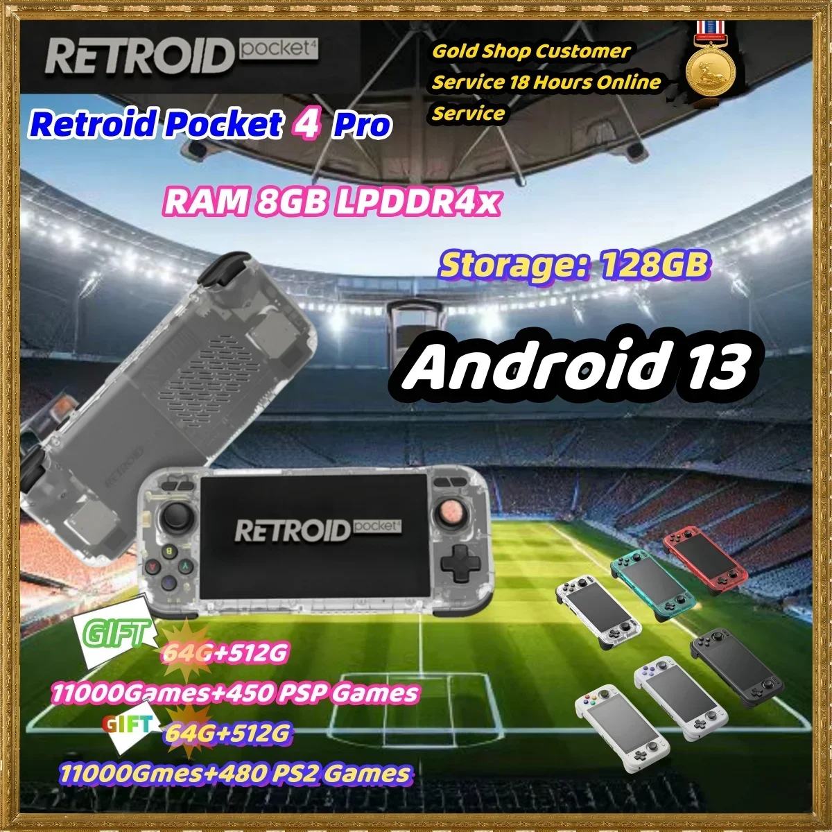 

Retroid Pocket 4 Pro Official Store Handheld 4.7 Inch Video Game 8G+128GB RP4 Android 13 WiFi 6.0 Bluetooth 5.2 Console PSP PS2