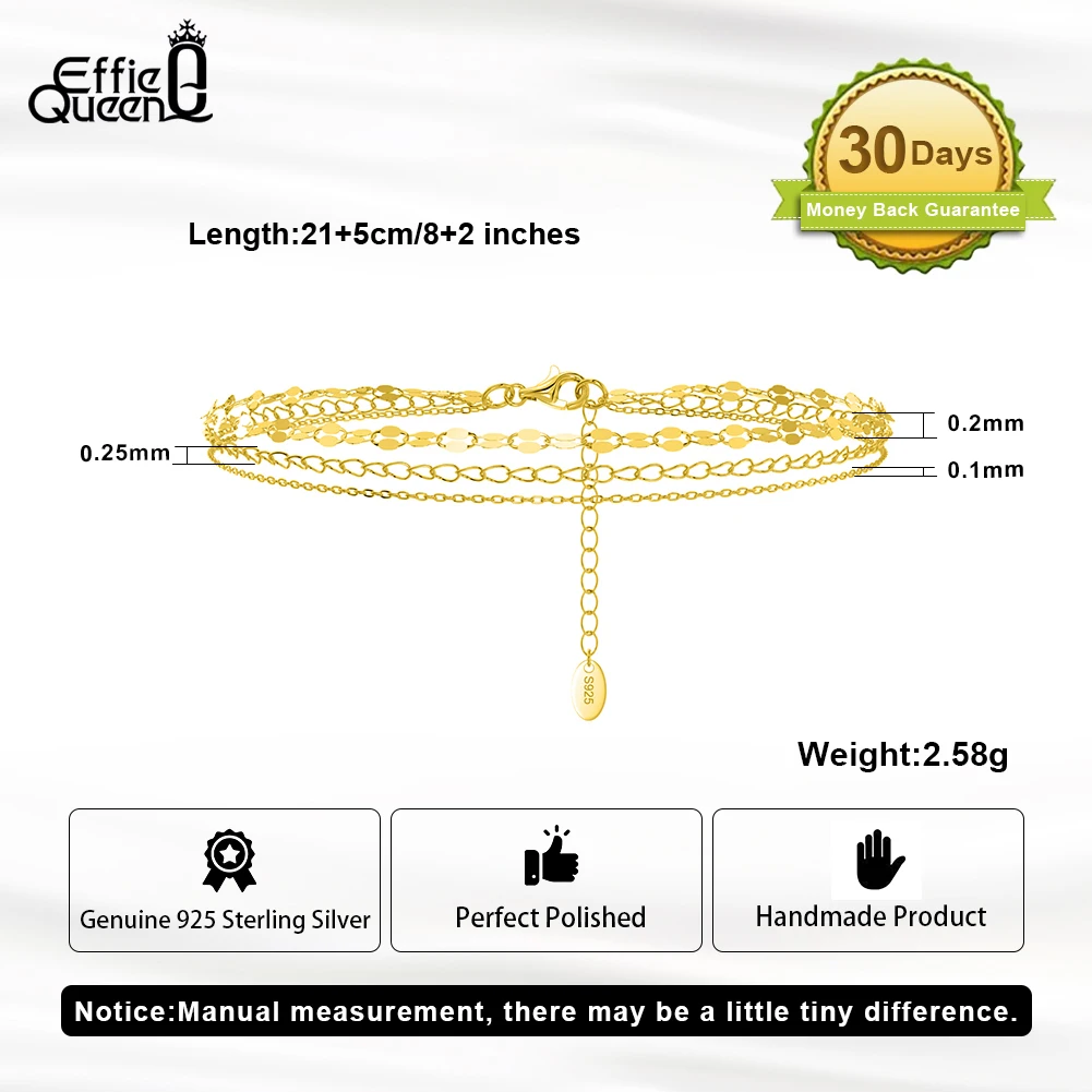 Effie Queen 14K Gold 3 Layered Chain Anklet 925 Sterling Silver Hybrid Chain Design For Women Wearing Anklets Jewelry Gift SA58