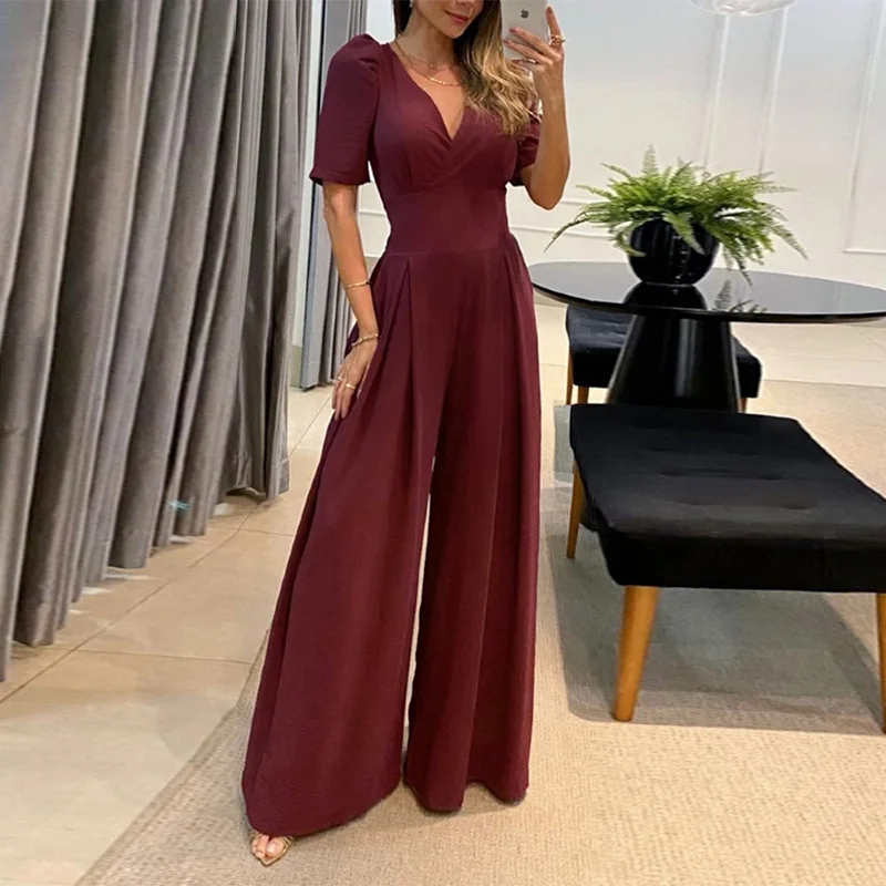 Casual Solid Jumpsuit Women Puff Sleeves Lace Up Long Jumpsuits Summer Sexy V Neck One Pieces Wide Leg Pants Female Overalls