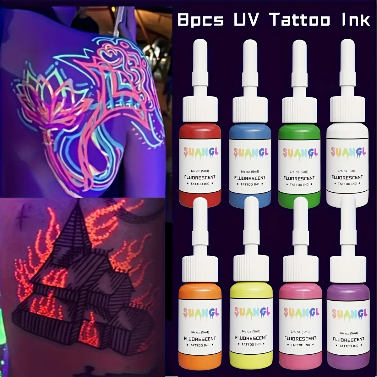 Bottiglie di inchiostro fluorescente per tatuaggi da 0,17 once, 8 colori, set di pigmenti resistenti, non tossici, inodori e delicati sulla pelle, per lavori di tatuaggio artistico sul corpo - immagine 4