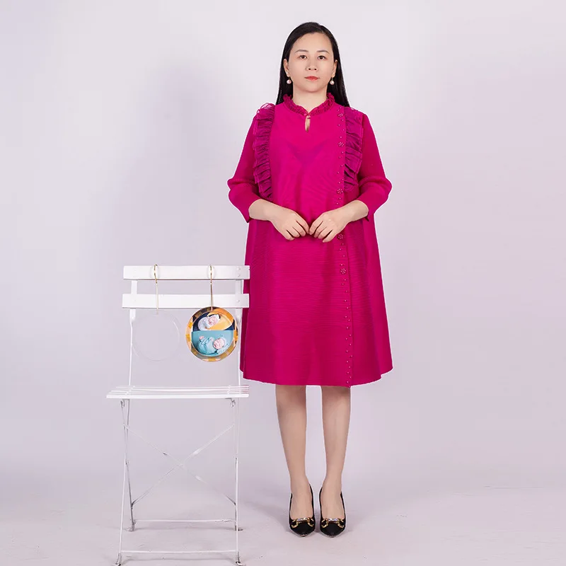 

Spring And Summer 2023 New Miyake Pleated Beaded Dress Round Neck Long Sleeve Elegant Loose Dresses Women Clothing