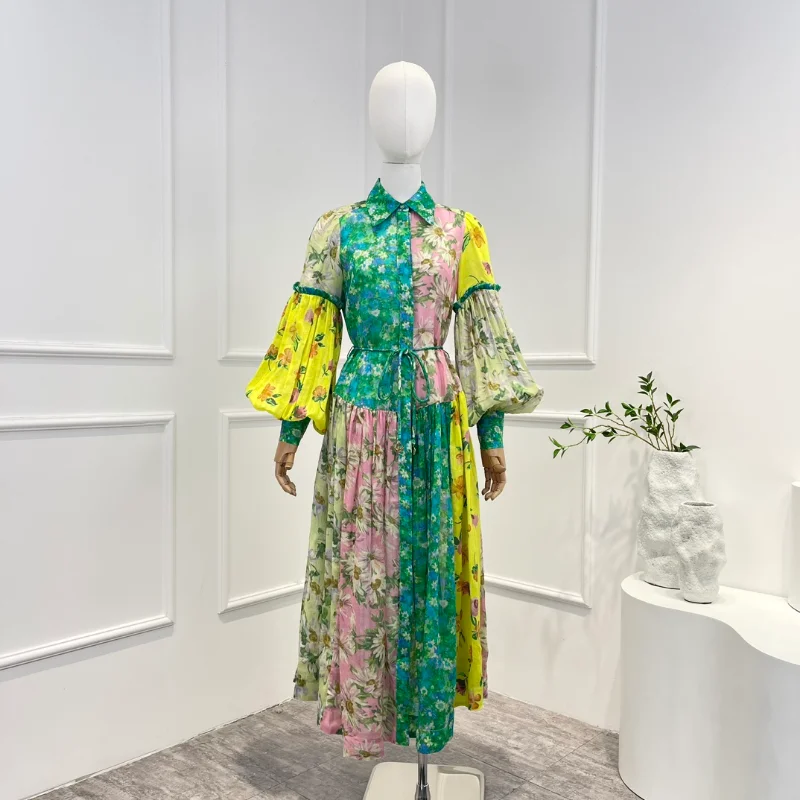 

Женское платье с рукавами-фонариками, ТРАПЕЦИЕВИДНОЕ ПЛАТЬЕ из рами в пляжном стиле с поясом, платье до середины икры, лето 2023