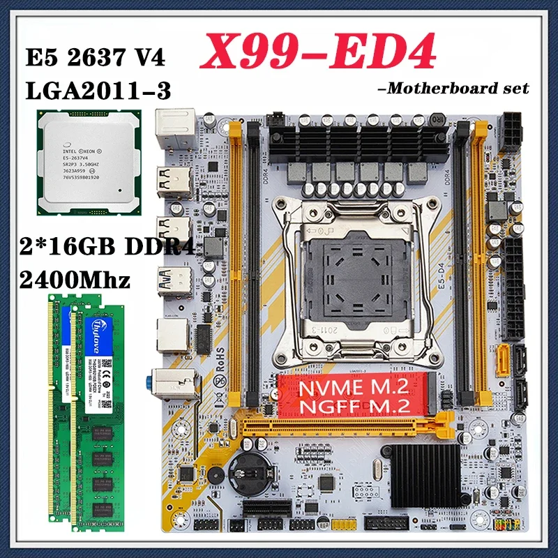 

X99 Motherboard Kit With Processer E5 2637 V4 CPU Set With LGA2011-3 2*16GB=32GB 2400MHZ DDR4 RECC RAM Support M-ATX NVME M.2