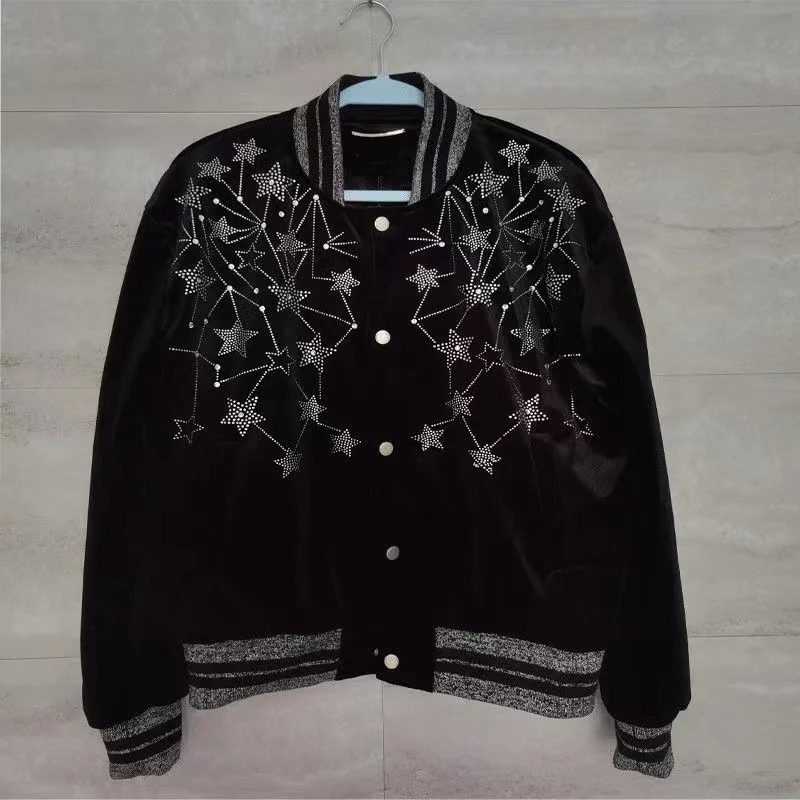 Full Sky Star Hot Diamond Embroidery Design Sense High Street Style Velvet Bomber Fashion Jacket Jacket Men and Women