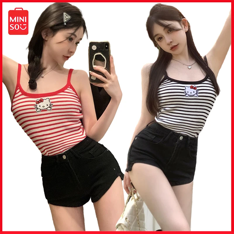 

Y2K New Hello Kitty Sling Youth Women's Clothing T-Shirt Sanrio Slim-Fit Undershirt Dopamine Sexy Tops Knit Sweater Girls Gifts