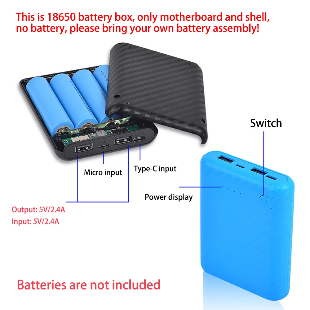 Battery Storage Box Power Bank Case Battery Power Bank Box 4 Slots 18650 Battery Box Welding Free DIY Detachable Charging Bank Shell Solderless Mobile Power Supply Sleeve
