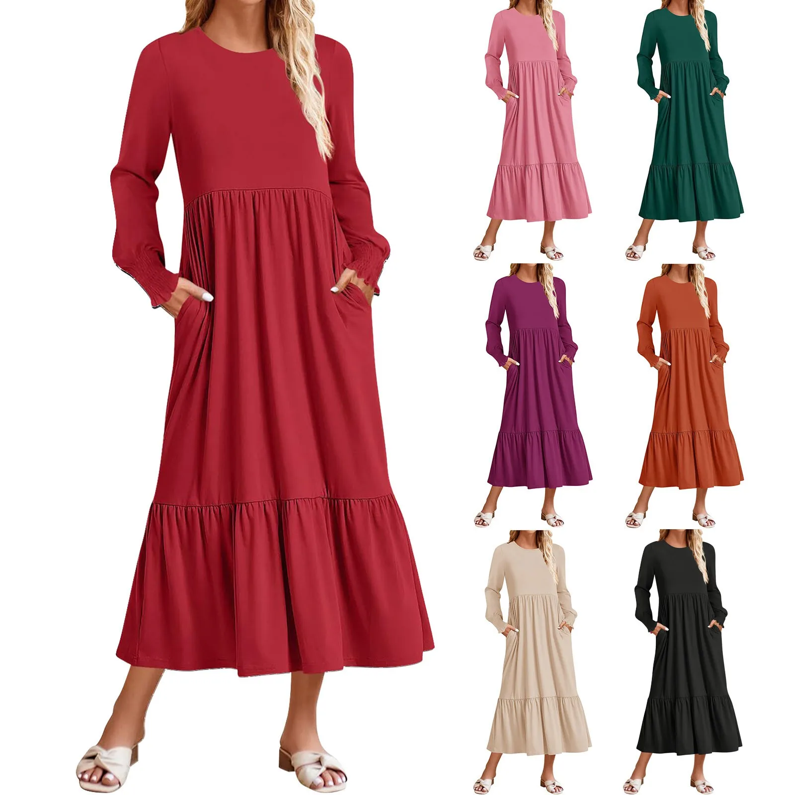 

Women's Casual Fashionable Dress Solid Color Long-Sleeved Smocked Layered Dress Temperament Long Swing Dress party dresses