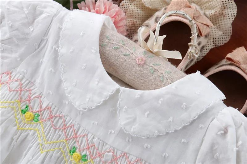 Summer Baby Girl Smocked Floral Dress Sets Shorts Headband Infant Toddler Embroidery Spanish Princess Dress 3Pcs