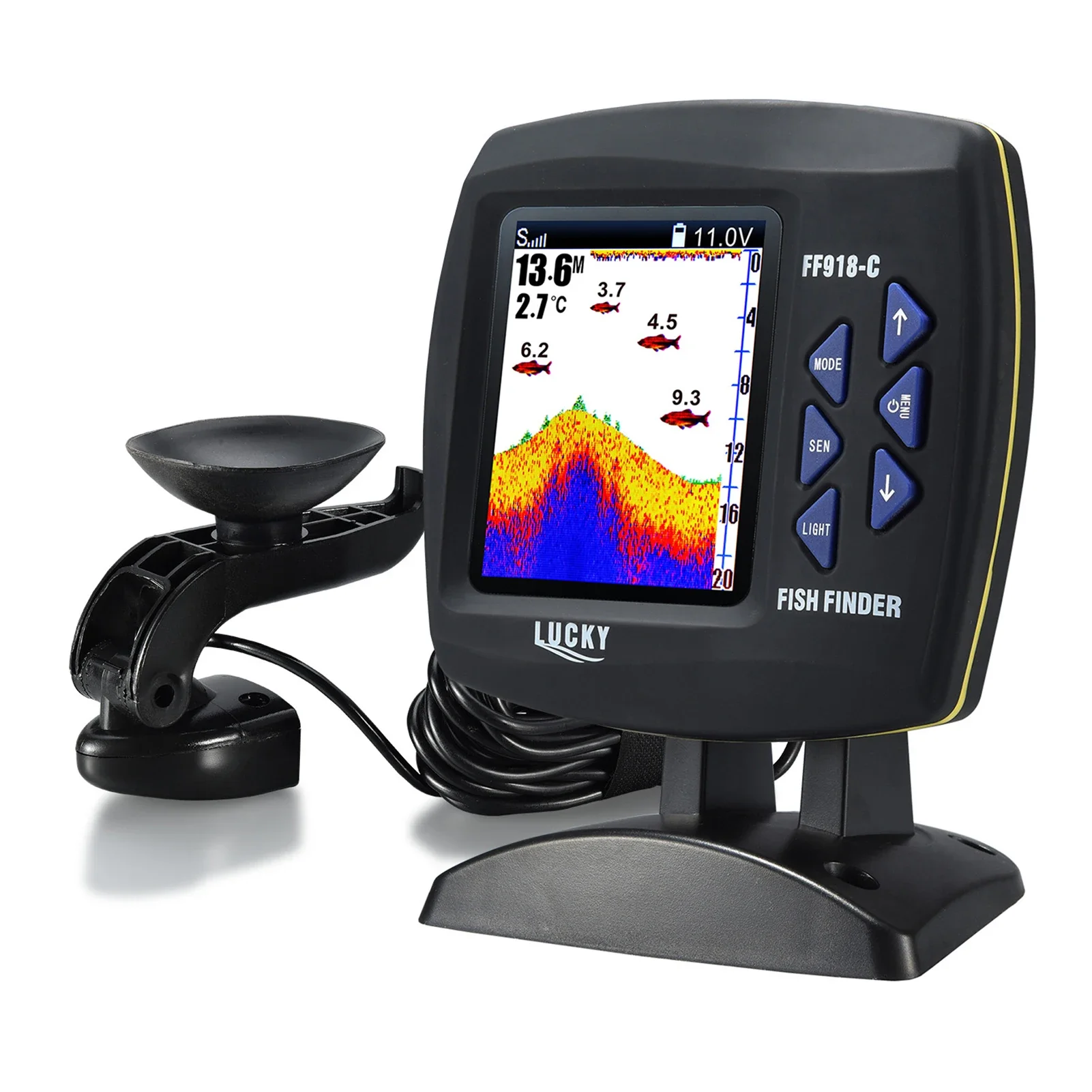 LUCKY Wired Fishing finder 180m / 590ft Depth Sounder Fish Detector F918-C180S Monitor LCD Locator Boat Fishfinder from a boat with fish finder