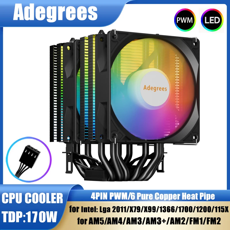 CPU cooler 6 heat pipes 4Pin PC processor tower air cooler for Intel LGA 1700 1200 1150 1151 1155 2011 X79 X99 1366 AM3 AM4 AM5