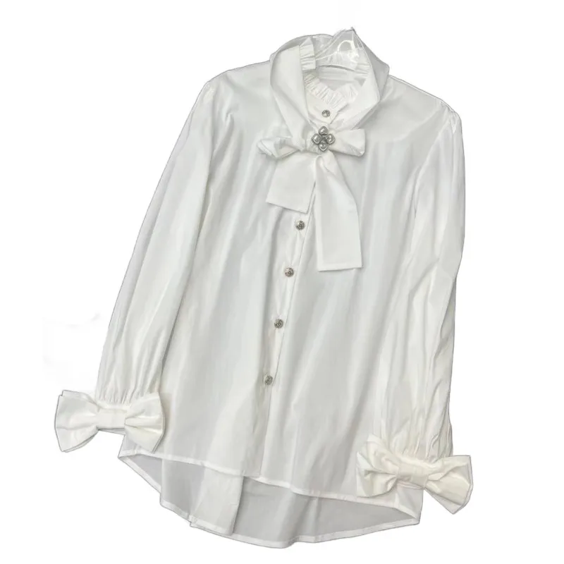 

Shirt scarf collar short slim-fit version solid color bow sleeves design warm and comfortable 2023 autumn/winter