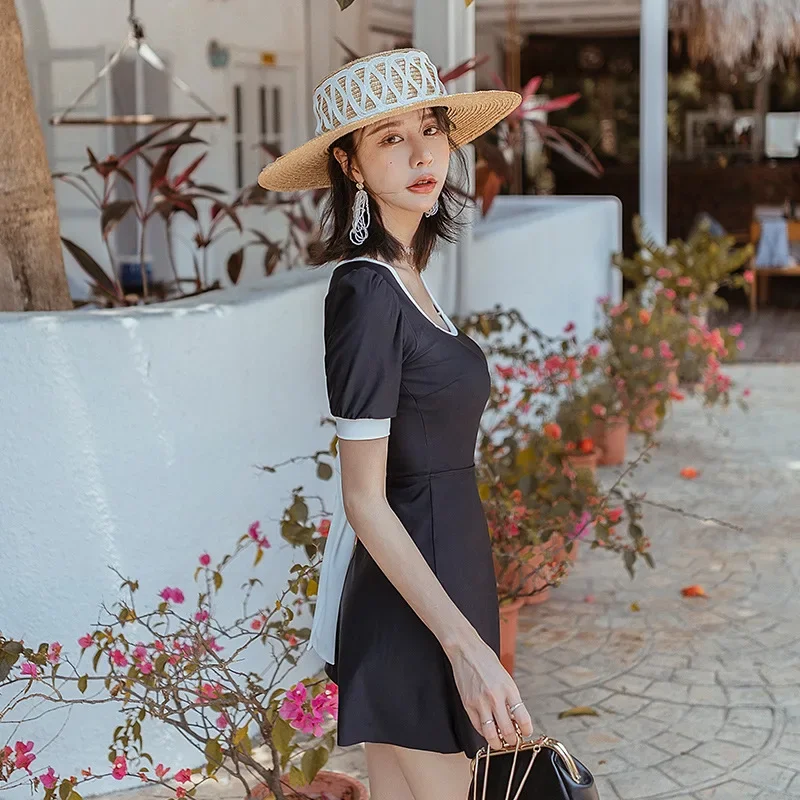 

Korean Girl Black Swimsuit One Piece Hot Spring Swimwear Skirt Conservative Swimwear Female Student Skirt Slim Dropship Bow Tie