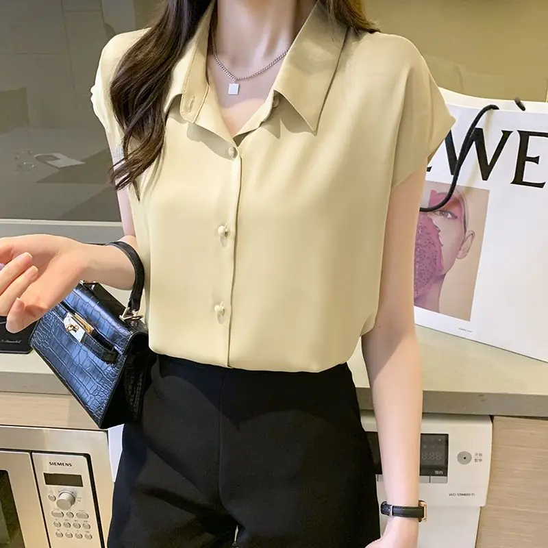 2024 New Summer Solid Color Korean Style Retro Women's Shirt Simplicity Loose Casual Button Chiffon Lapels Short Sleeve Y2K Tops