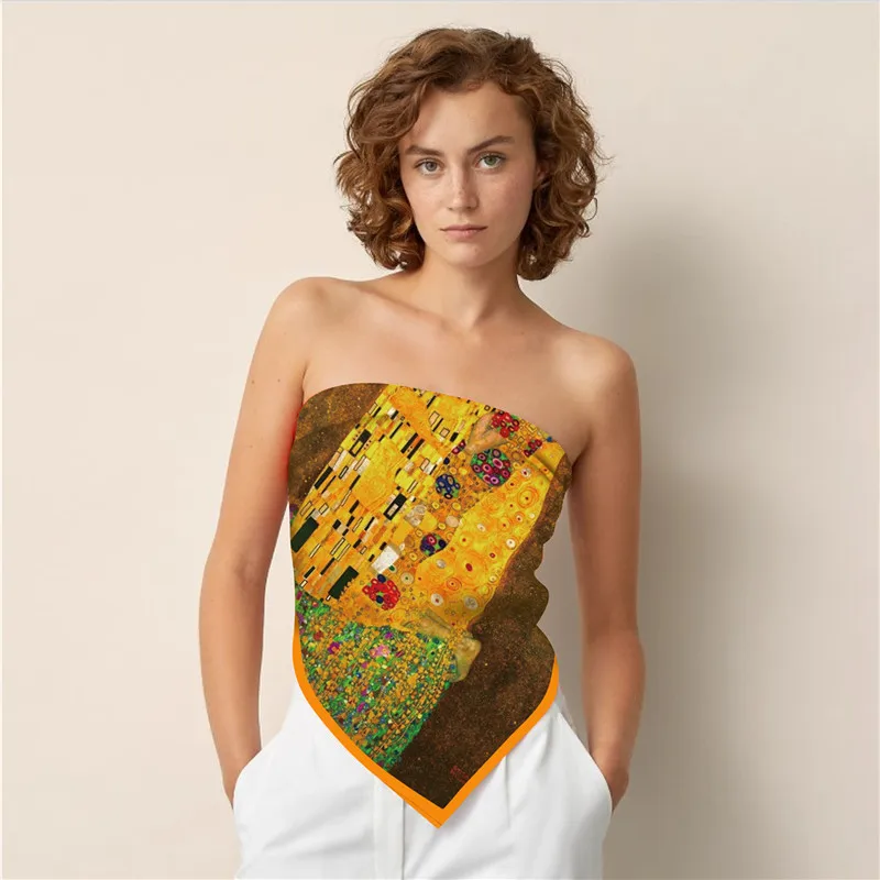 

2023 Oil Painting Kiss Twill Silk Scarf Luxury Shawl Brand Square Scarf Women Hijab Bandana Foulard Neckerchief Head Scarves