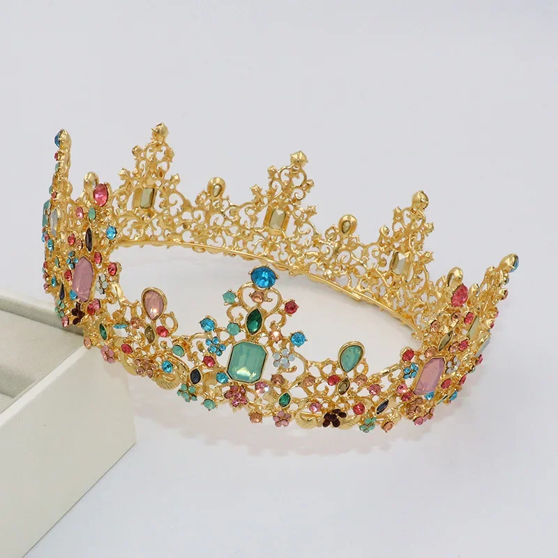 New Baroque Bride Pageant Crown Retro Luxury Bridal Hair Accessories Colorful Round Rhinestone Hair Crown