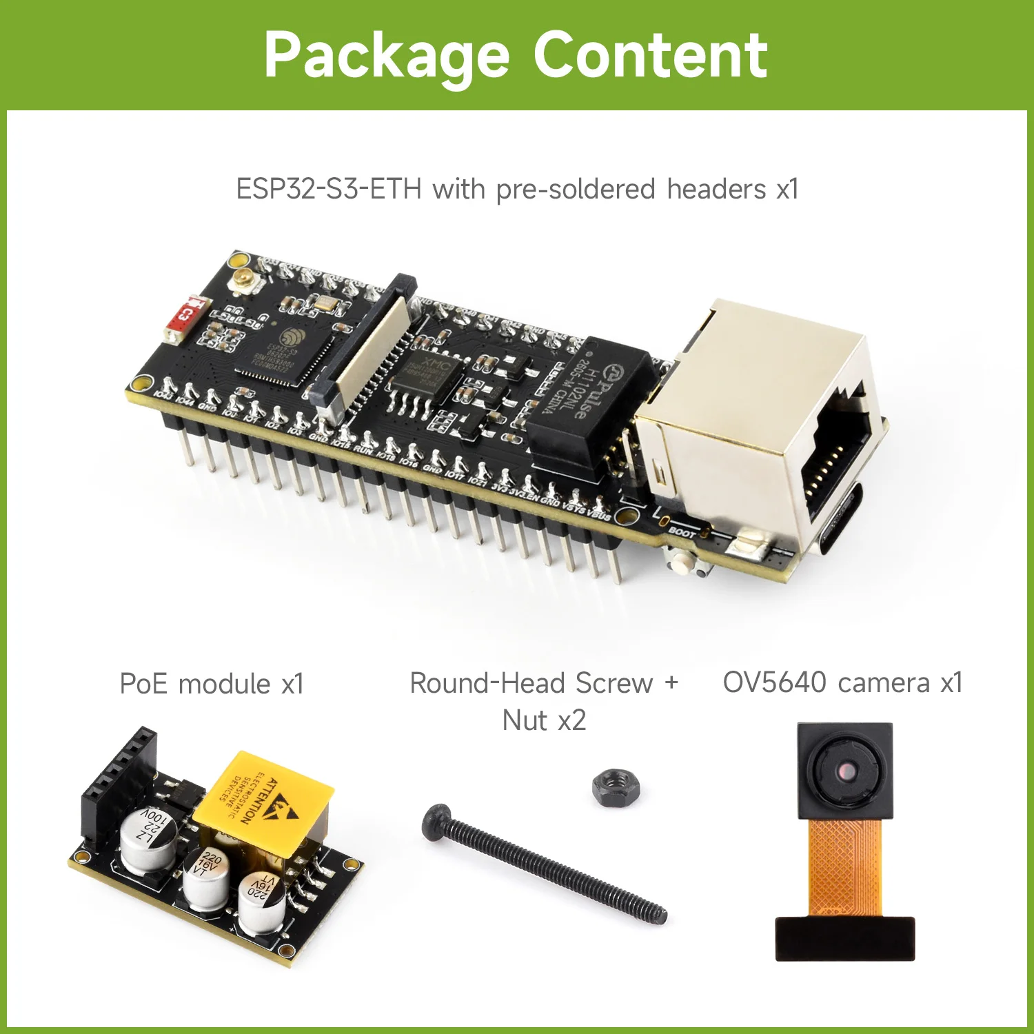 ตัวเลือกสินค้า บอร์ดพัฒนา Waveshare ESP32-S3 ETH, ตัวเลือกเสริมสำหรับโมดูล PoE และโมดูลกล้อง, ช่องใส่การ์ด TF ในตัว, อินเทอร์เฟซกล้อง