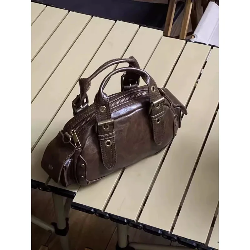 Small Niche Design Retro Hand-Held Motorcycle Bag For Women 2024 New Fashion Trend Bowling Single Shoulder Crossbody Bag