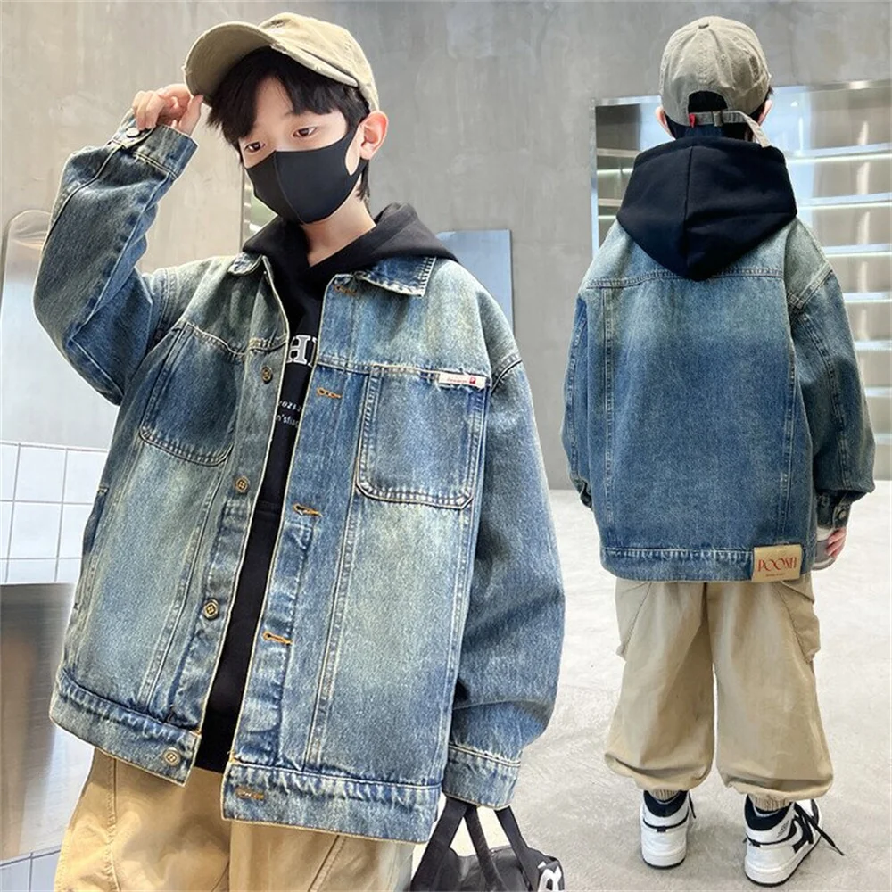 

Джинсовая куртка для мальчиков, из чистого хлопка, с двумя карманами, модная куртка в Корейском стиле, детская джинсовая куртка, 20023
