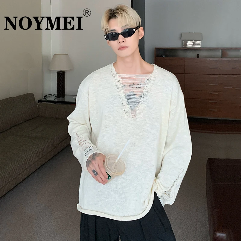 

NOYMEI Trend Men's Ong Sleeved T-shirt Niche Thin Knit Fashion Bottom Pullover Hollowed Out V-neck Tops Loose Autumn New WA2730