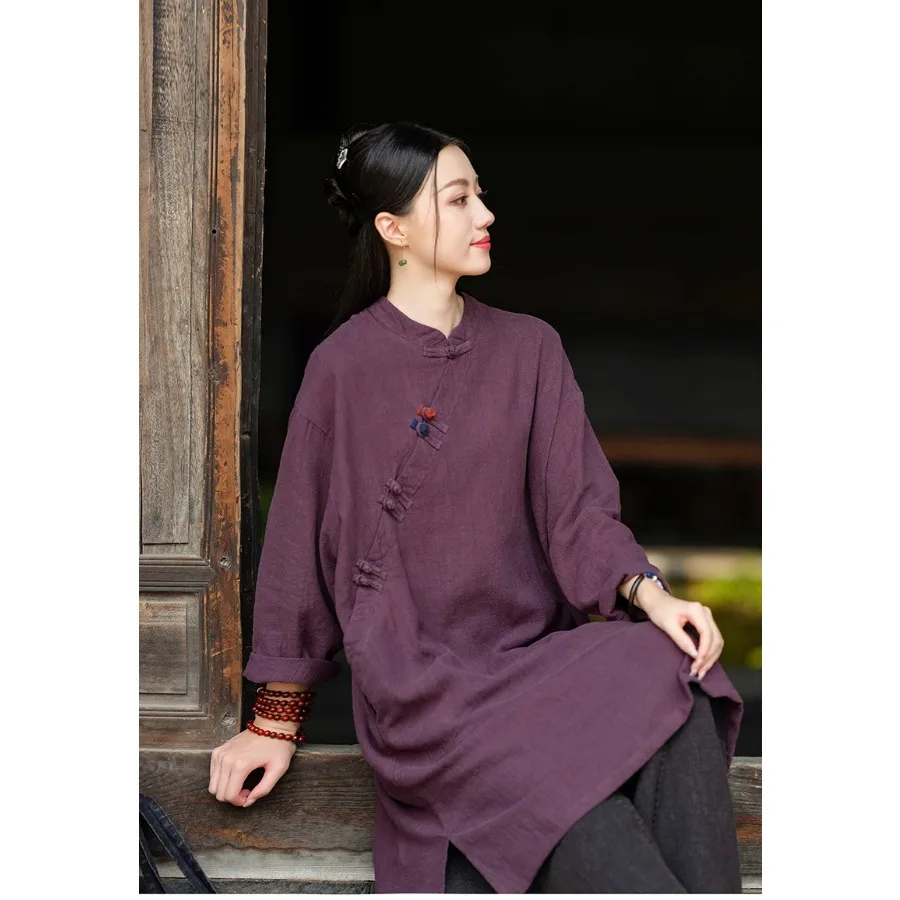 Chinese Style Cotton Linen Dress Autumn Buddhist Zen Clothing Layperson Clothing Diagonal Placket Buckle Robe Retro Cheongsam