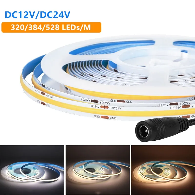 

DC 12V 24V COB LED Strip Light 320 384 528 LED/M High Density Flexible FCOB COB Led Light RA90 White Warm Nature Linear Dimmable