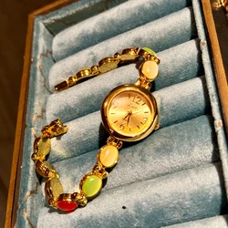 Elegant Women's Watch with Colorful Gemstones and Rhinestones - Retro Luxury, 30m Waterproof, Perfect for Everyday Wear and Special Occasions (Gold)