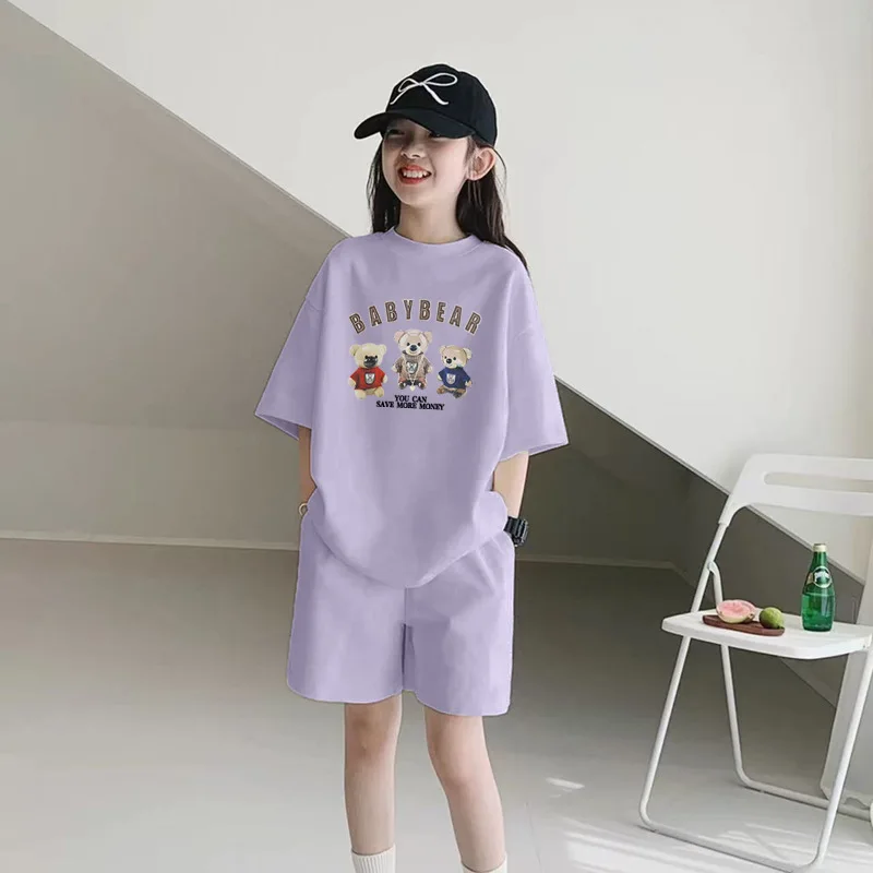 2026년 여름 아동복 여아 스포츠 트레이닝복 십대 곰돌이 레터 티셔츠 + 반바지 핫팬츠 4 5 7 8 9 10 11 12세
